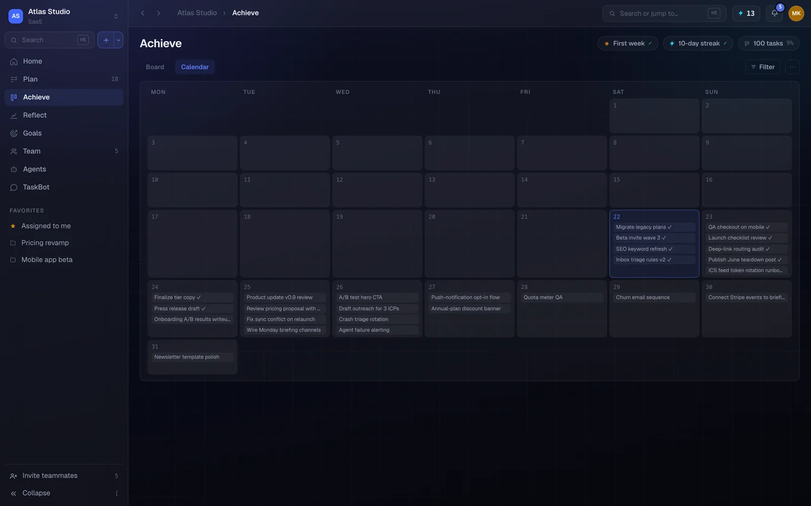 TaskBolt Achieve calendar: a month of tasks scheduled around the week, with streak and task-count badges